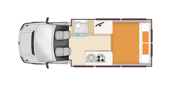 De plattegrond van de Apollo Euro Tourer camper