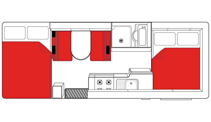 De plattegrond van de Mighty Double Up camper