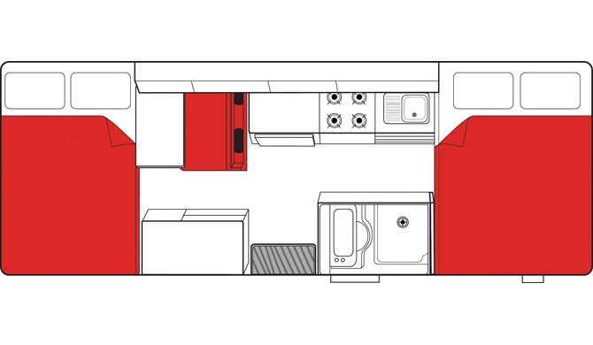 De plattegrond van de Mighty Double Up camper