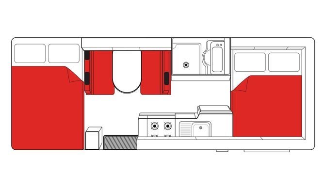 De plattegrond van de Mighty Big Six camper