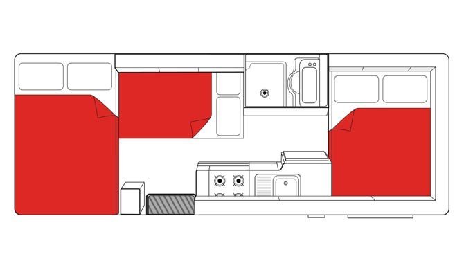 De plattegrond van de Mighty Big Six camper