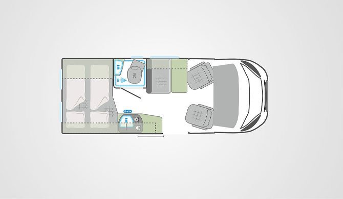 De plattegrond van de Bunk Campers Aero Camper 