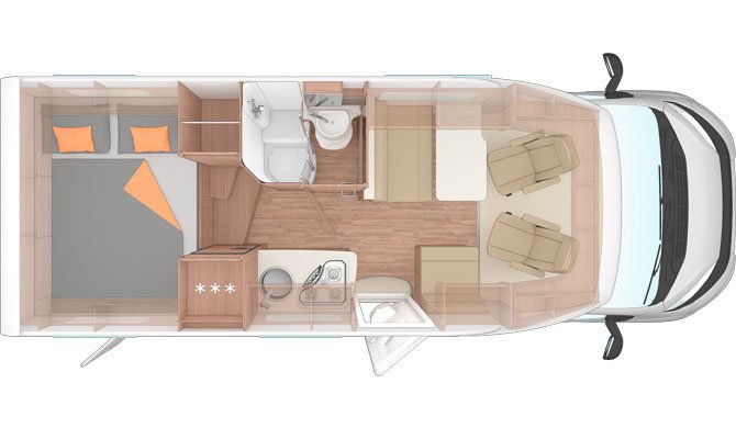 De plattegrond van de Earo Plus Camper van Bunk Campers  