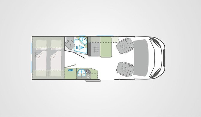 De plattegrond overdag in de Vista Camper van Bunk Campers 