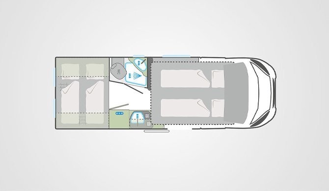 De plattegrond in de nacht in de Vista Camper van Bunk Campers 