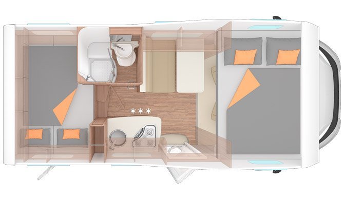 de indeling van de Vista Plus camper van Bunk Campers 