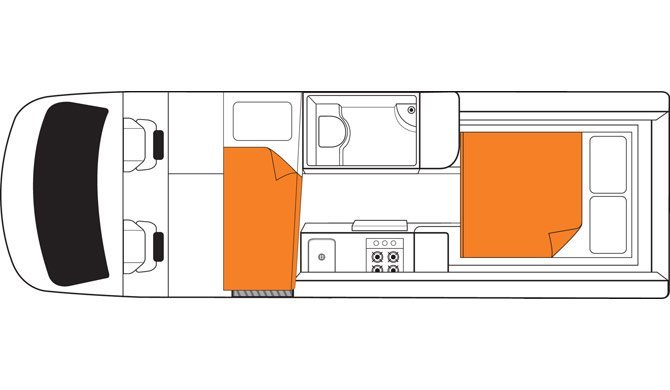 De plattegrond van de Britz Venturer Plus camper