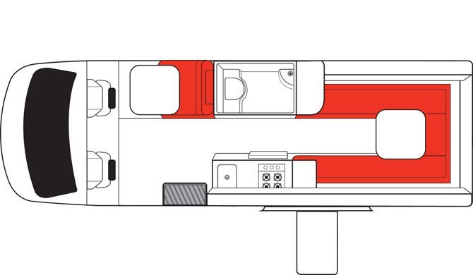 De plattegrond van de Mighty Deuce Plus camper