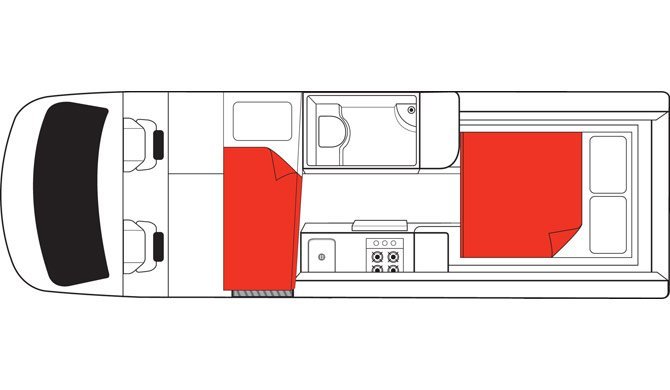 De plattegrond van de Mighty Deuce Plus camper