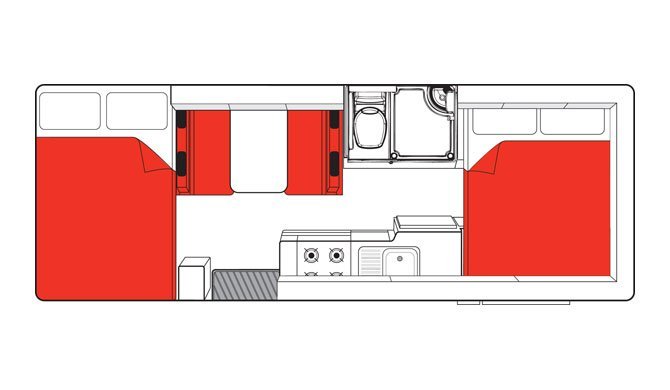 De plattegrond van de Mighty Double Up camper