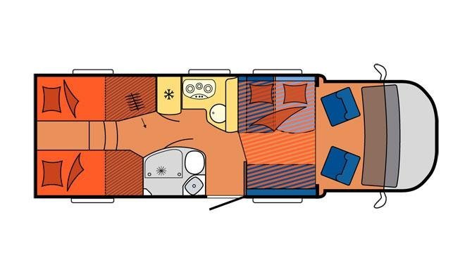 De plattegrond van de Touring Cars Medium camper