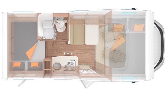 De indeling van de Vista Plus camper van Bunk Campers
