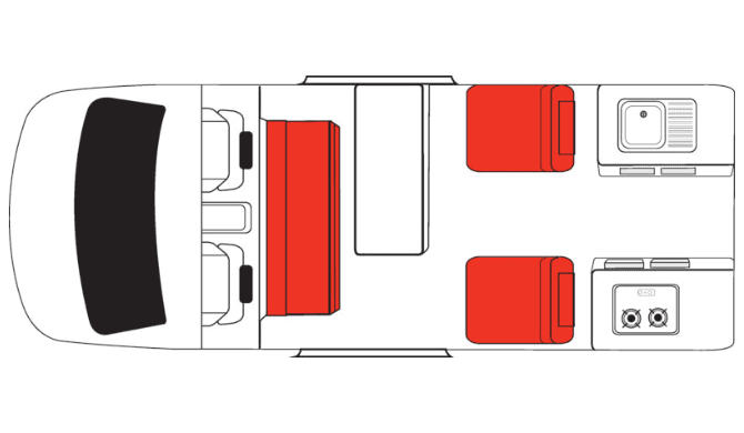 De plattegrond van de Mighty Double Down Camper 