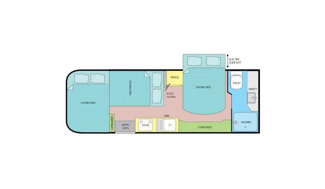 De plattegrond van de Let's Go 6 Berth Royale camper