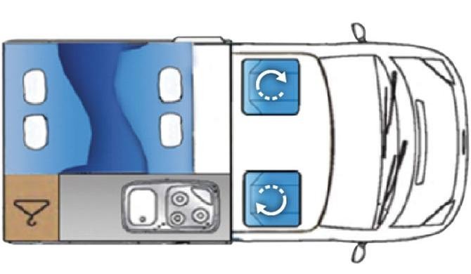 De plattegrond van de Bunk Campers Nomad Camper.