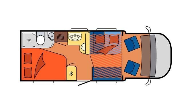 De plattegrond van de Touring Cars Medium camper