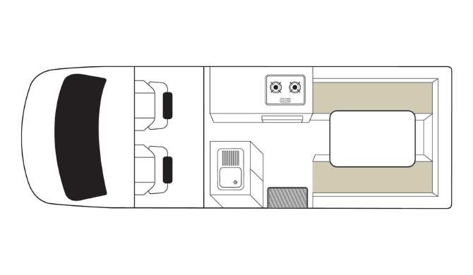 Plattegrond van de HiLITE camper van Mighty LITE Nieuw Zeeland