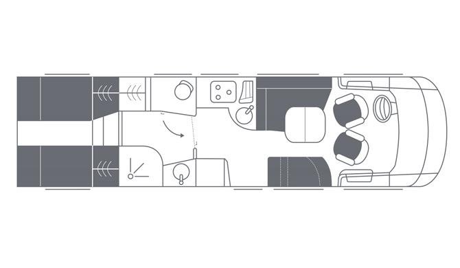 De plattegrond van de Rent Easy Premium First camper