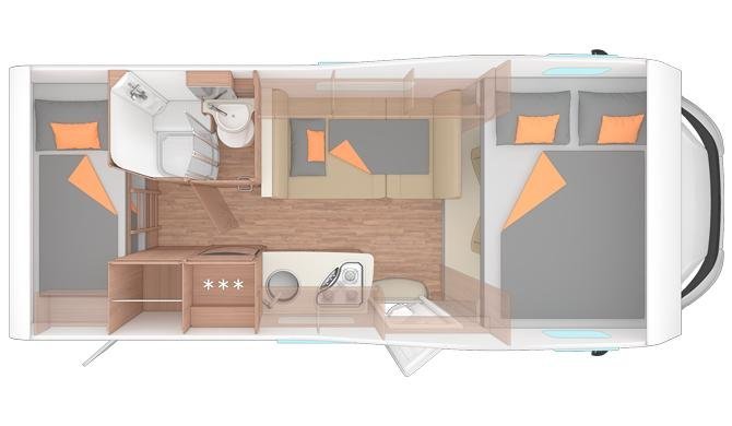 De indeling van de Grande camper van Bunk Campers
