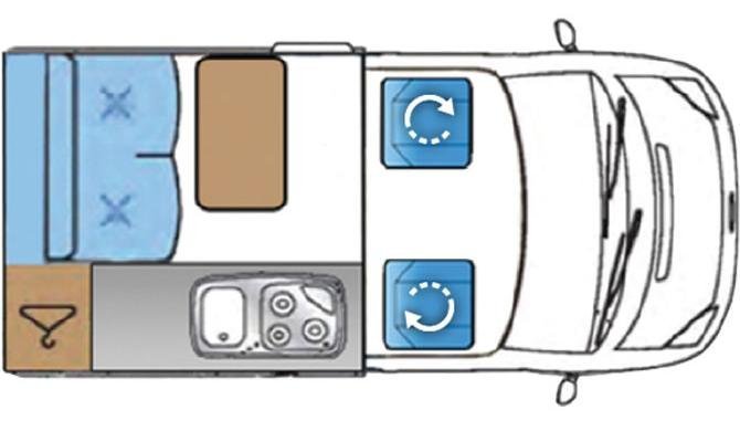 De plattegrond van de Bunk Campers Nomad Camper.