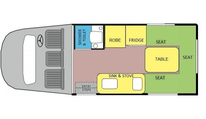 De plattegrond van de Lets Go 3 Berth Cruiser camper