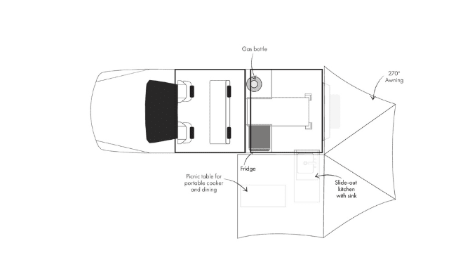 Plattegrond (overdag) van de Warrior camper van Britz